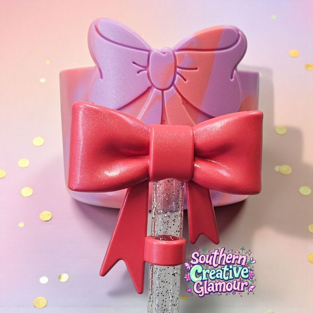 Coral & Purple Bubblegum Tumbler Boot | Coral Shimmer Bow Straw Topper | Set